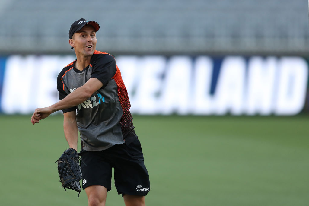 Trent Boult takes part in a New Zealand training session at Optus Stadium in Perth yesterday. Photo: Getty Images