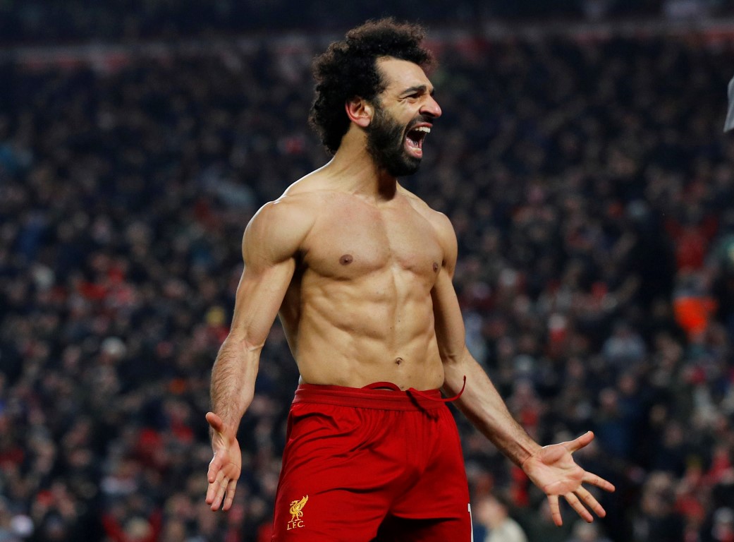Liverpool's Mohamed Salah celebrates scoring their second goal against Manchester United. Photo:...