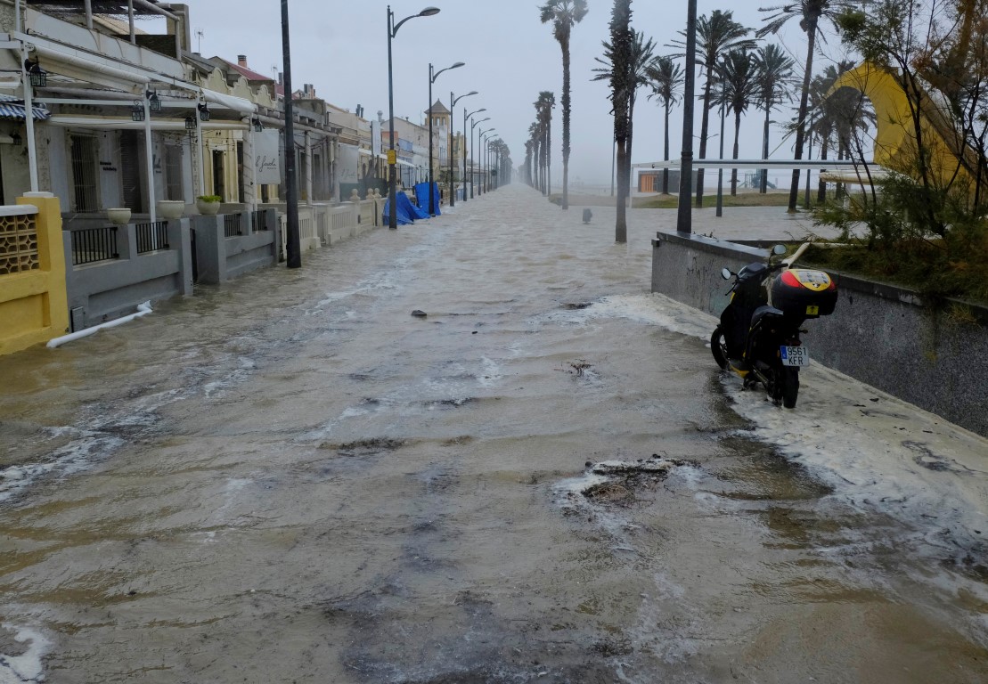 A flooded promenade next to the Patacona beach during the storm in Alboraya, near Valencia. Photo...