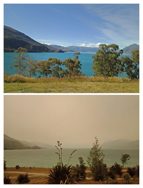 Top: A view of Lake Hawea yesterday. Bottom: A view of the lake today. Photos: Lucy Harman