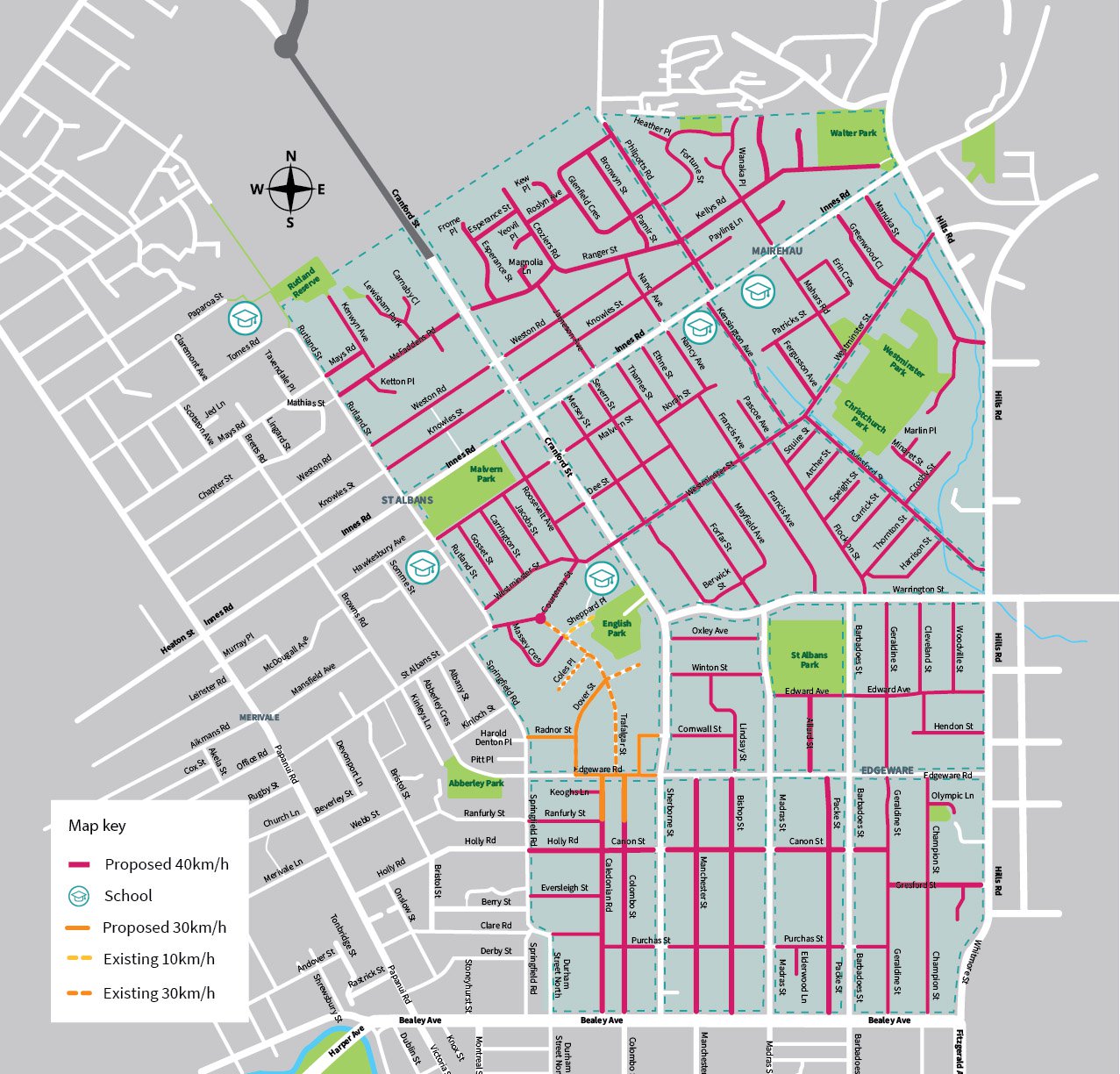 Streets within the area shaded green are going to have a 40km/h speed limit. Source: Newsline