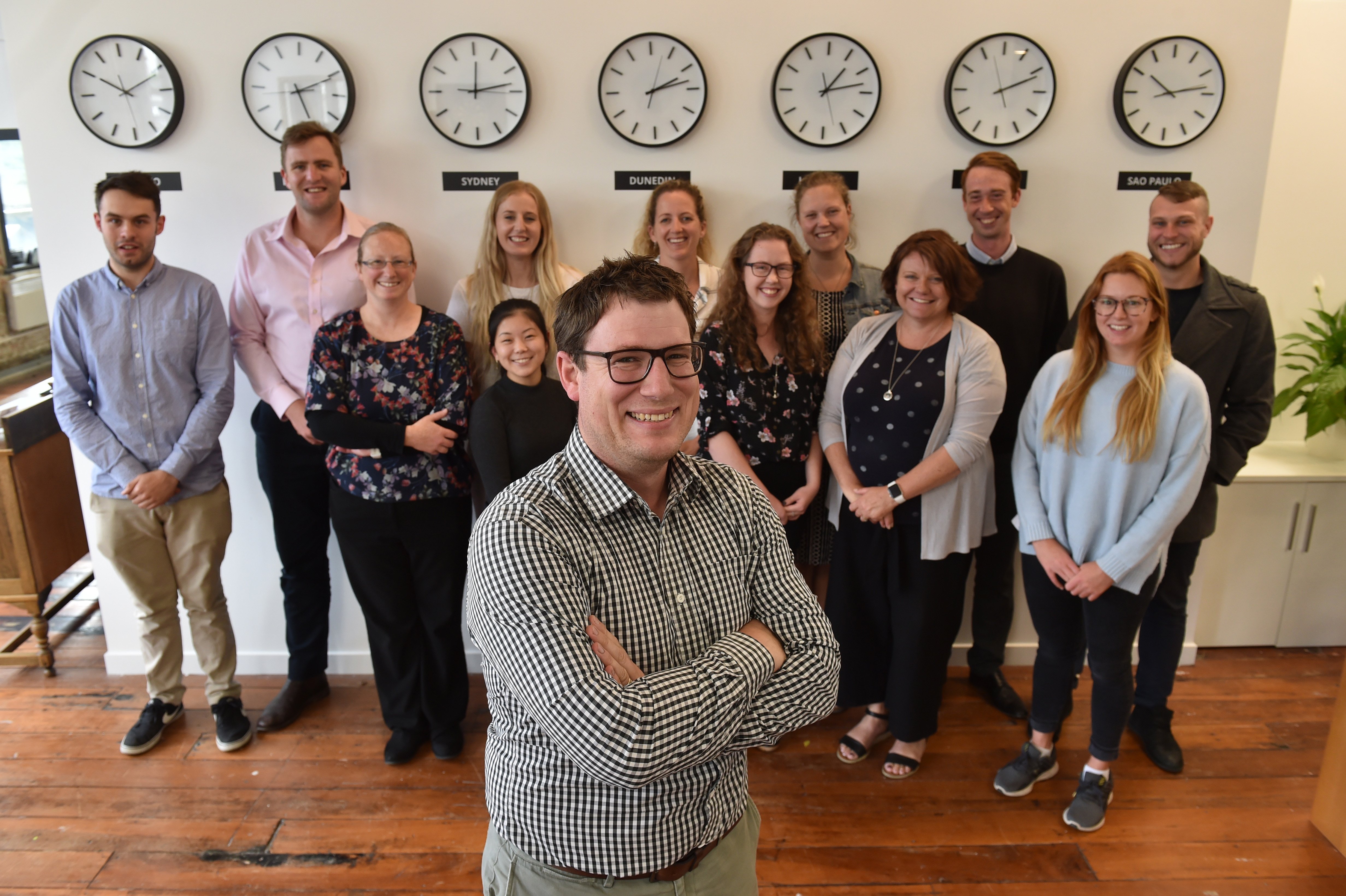 Oritain Global science and operations director Dr Sam Lind with Oritain team members (from left, back row) Cullen Shand, Stew Whitehead, Ella Wilkins, Lucinda Garside, Devonia Kruimer, Connor McSpadden and Josh Wakefield, (front row) Holiday Wilson, Kaho 