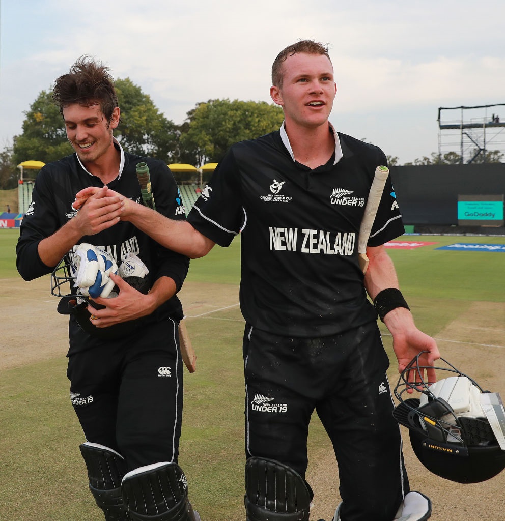 Kristian Clarke and Joseph Field celebrate hitting the winning runs for New Zealand at the under...