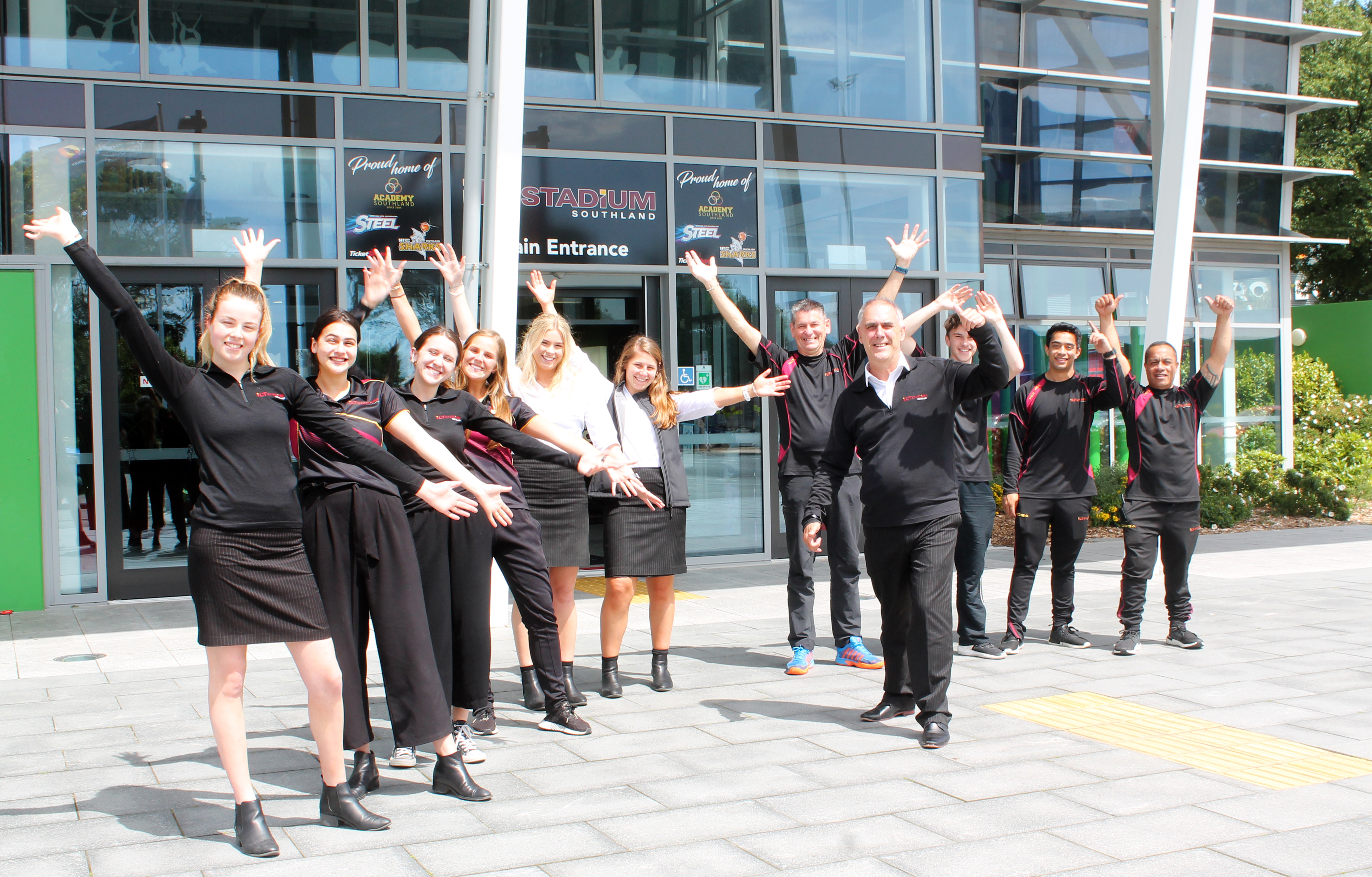 Manager Nigel Skelt (centre front) and the ILT Stadium Southland team are organising a full year of events to celebrate the venue’s 20th anniversary. Photo: Luisa Girao