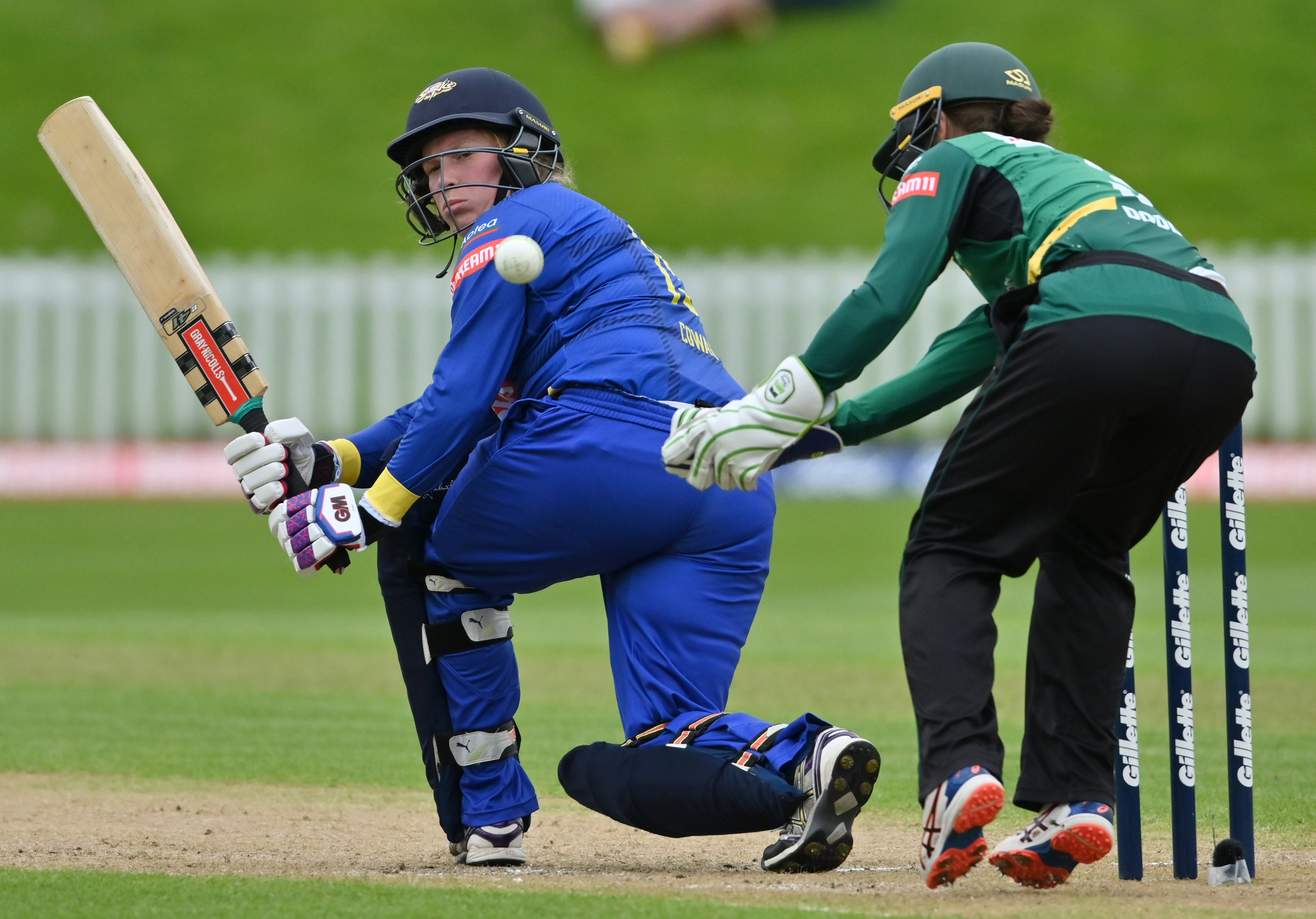 Top-scorer Millie Cowan flicks the ball past Hinds wicketkeeper Natalie Dodd at the University of...