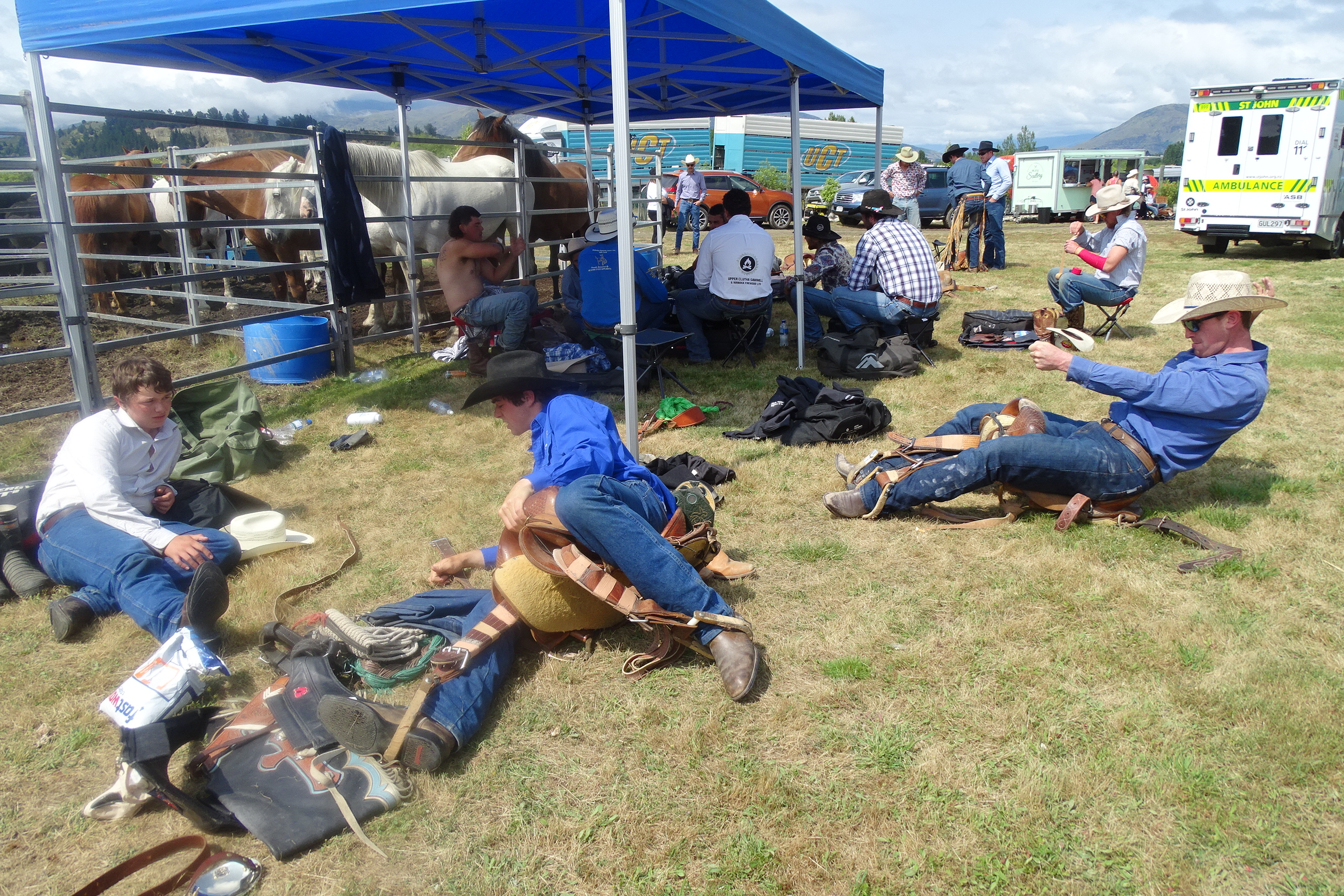 Rodeo entrants (from left) Jack Thomas (14), of Blenheim, Oscar Nott (17), of Wanaka, and Bill...