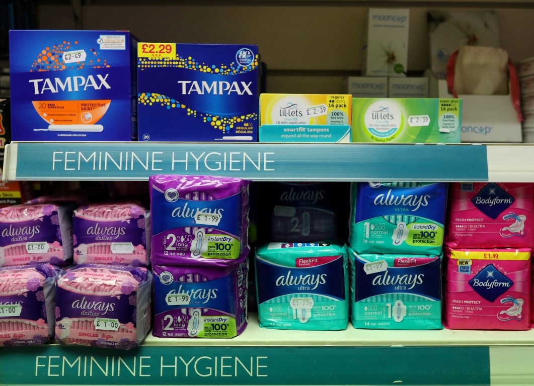 Feminine hygiene products are seen in a shop in Perthshire, Scotland. Photo: Reuters