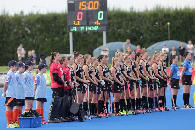The Black Sticks sing the national anthem ahead of a game with the Australia Hockeyroos in...