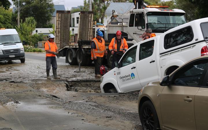 The Christchurch City Council vehicle became stuck after falling into a sinkhole in Linwood....