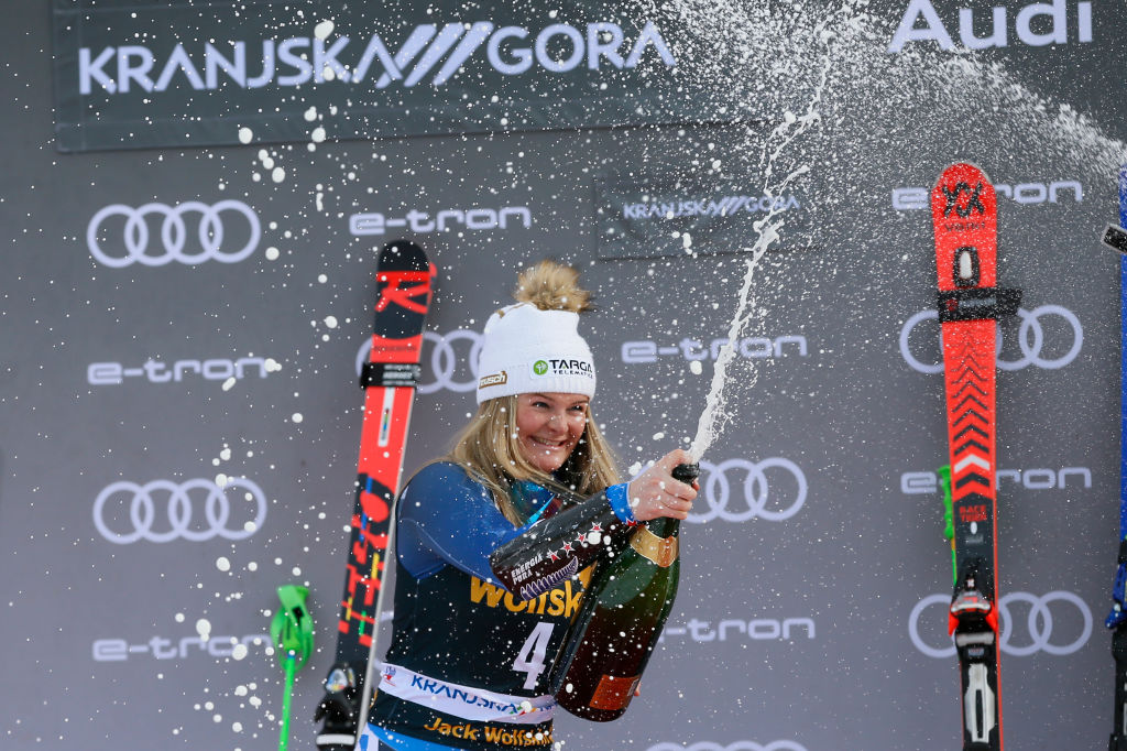 Alice Robinson celebrates her Women's Giant Slalom victory on the podium in Kranjska Gora,...