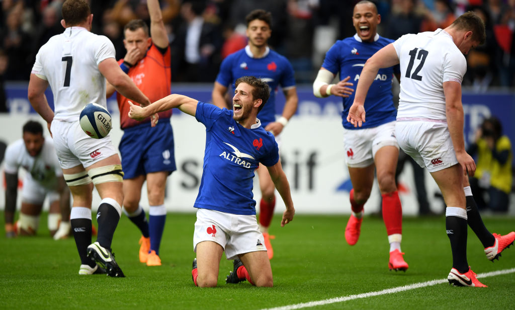 France's Vincent Rattez celebrates after scoring their first try against England. Photo: Getty