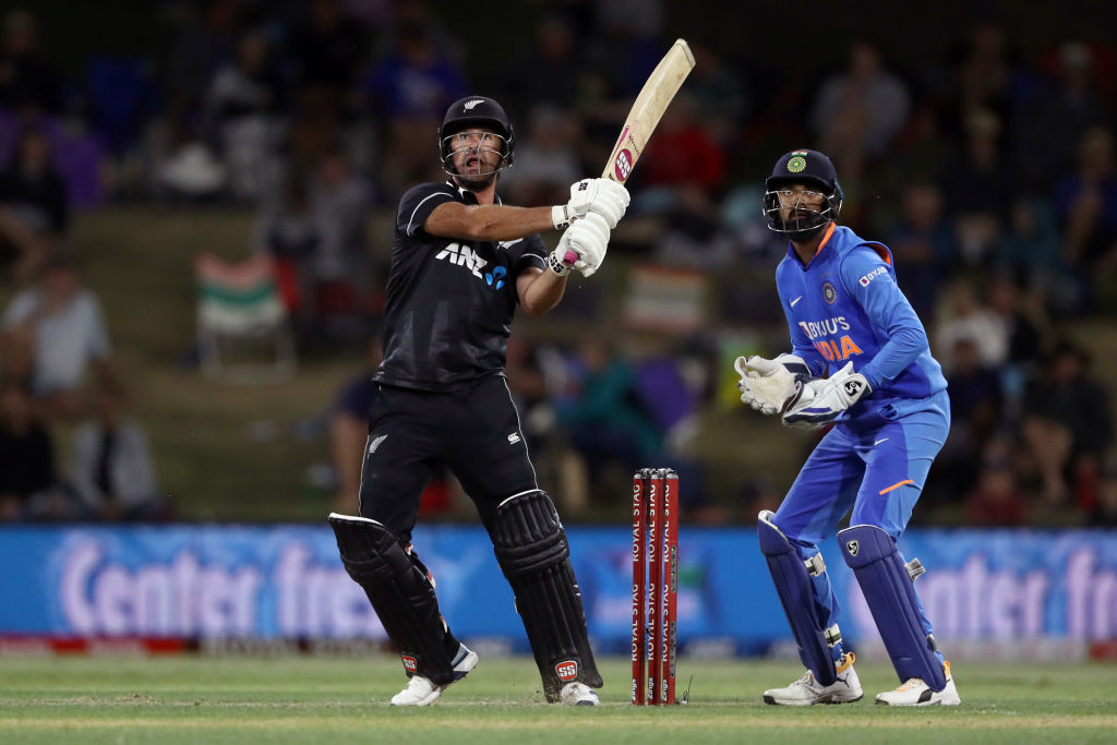 New Zealand's Colin de Grandhomme clubs a six against India. Photo: Getty