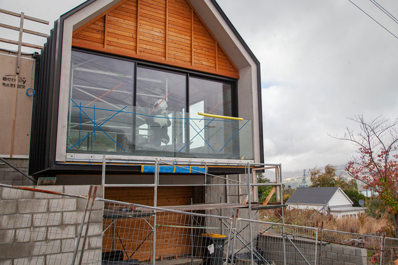 Panda on guard at a build site in Lyttelton.