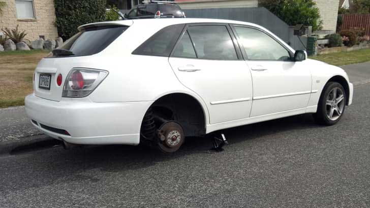 Tyres were stolen from the rear of a car in Wigram on Wednesday night.