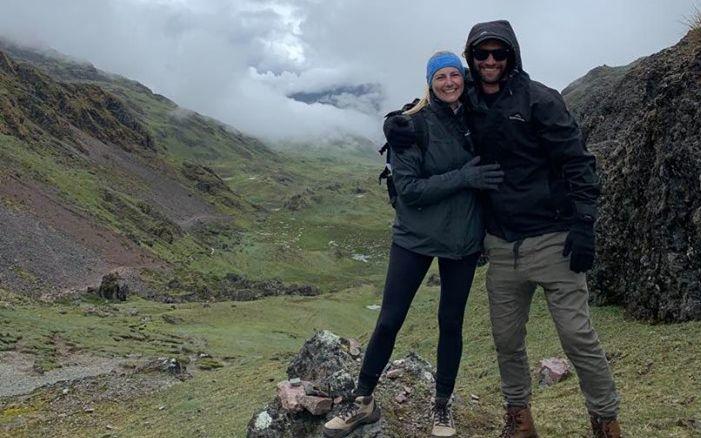 Bridget Prior and Thomas Giles, trekking near Machu Picchu before borders were closed. Photo:...