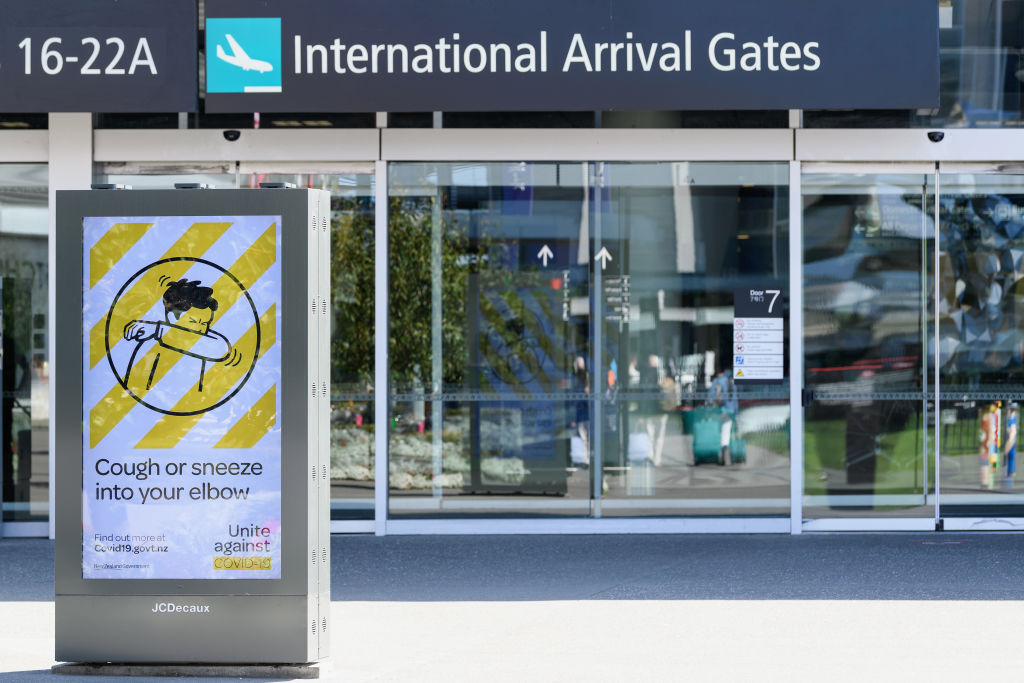 A coronavirus advisory sign at the entrance to Christchurch Airport. Photo: Getty