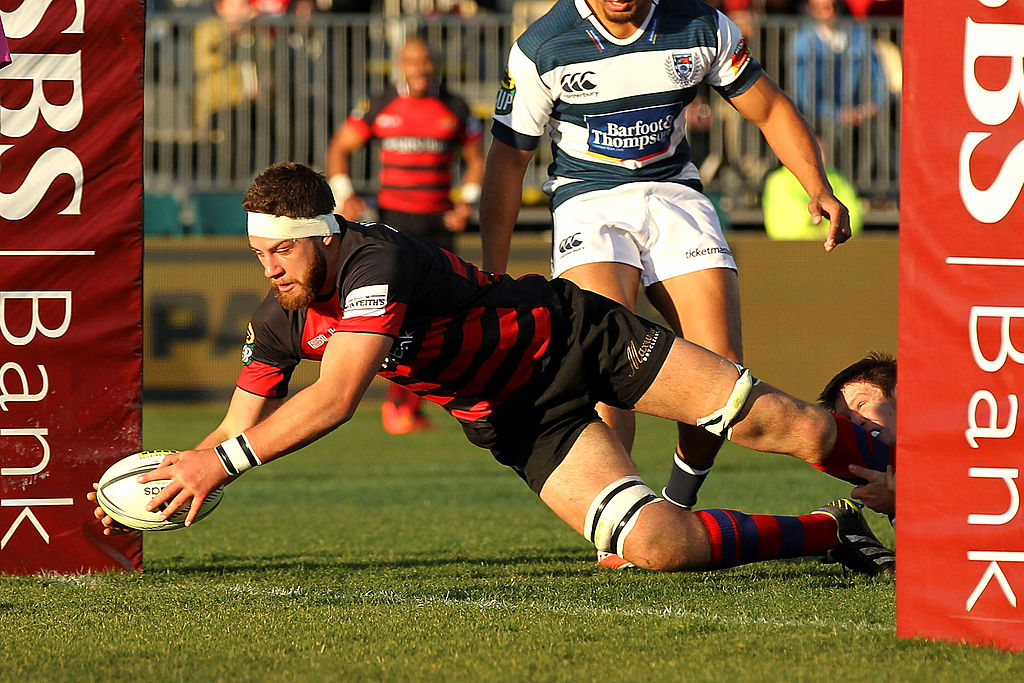 Joel Everson dives over to score for Canterbury against Auckland during an ITM Cup match in...