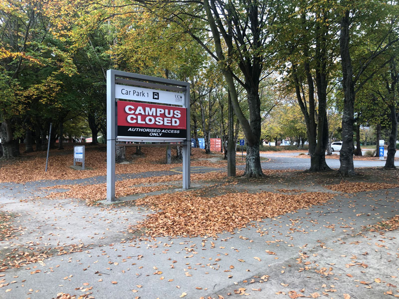 The gates are closed at Canterbury University, Parkstone Ave, Ilam.