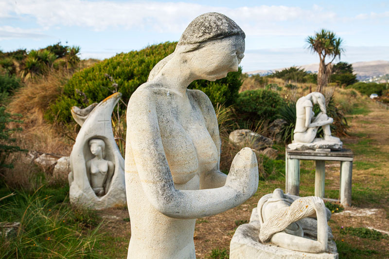 Stone sculptures at South Brighton Sculpture Park.