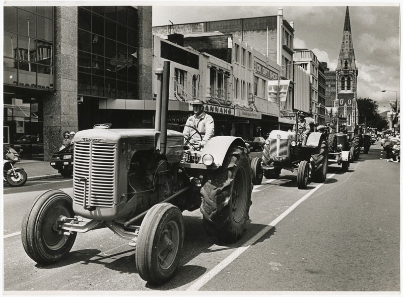 Tractors parade on Colombo St in 1991 to promote the event.