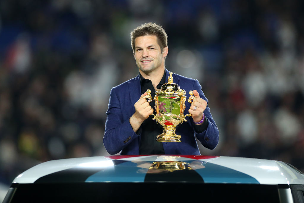 Richie McCaw transports the Web Ellis Cup to the Rugby World Cup 2019 trophy ceremony. Photo:...