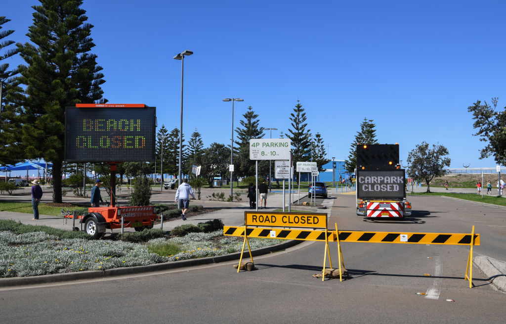 Barriers and digital warning signs to keep people off Maroubra Beach in Sydney at the weekend....