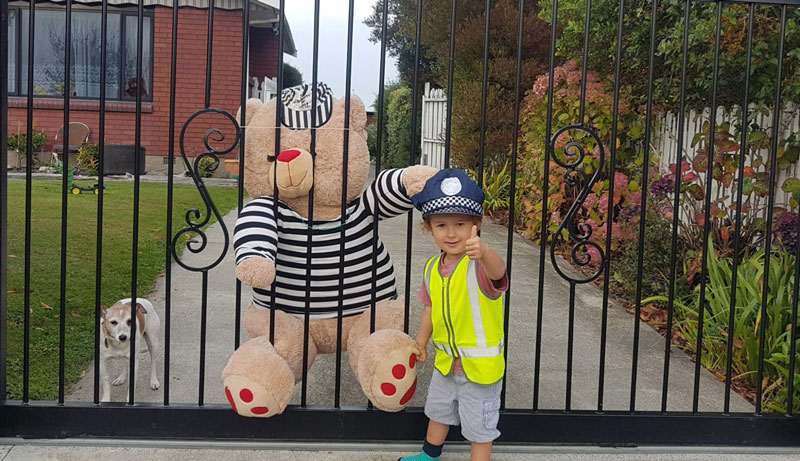 Finn Toth-McDonald making sure Tui and Rednose the bear are abiding by the lockdown rules.