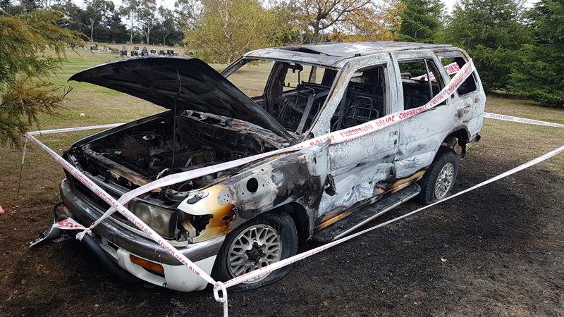 What is left of the burnt out Nissan Terrano Regulus on Shands Rd, Prebbleton. Photo: Geoff Sloan