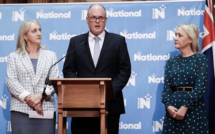 Amy Adams (left), Todd Muller and Nikki Kaye announcing National's portfolio reshuffle. Photo: RNZ 