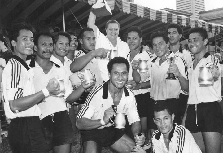  Manager Marina Schaafhausen holds winning Cup as Moata'a celebrate victory at Singapore Sevens....