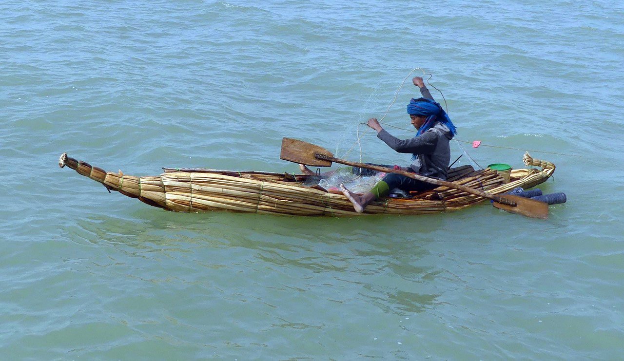 A fisherman on Lake Tana uses a modern nylon net although his papyrus boat is a design that would...