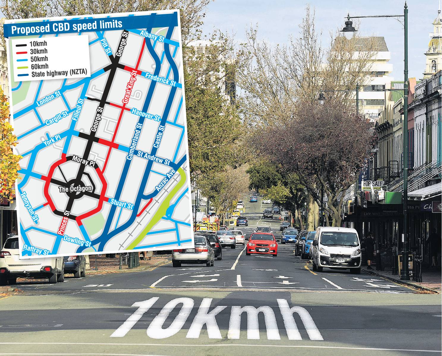 The Dunedin City Council’s proposal for speed-limit changes in the central city. PHOTO: STEPHEN...