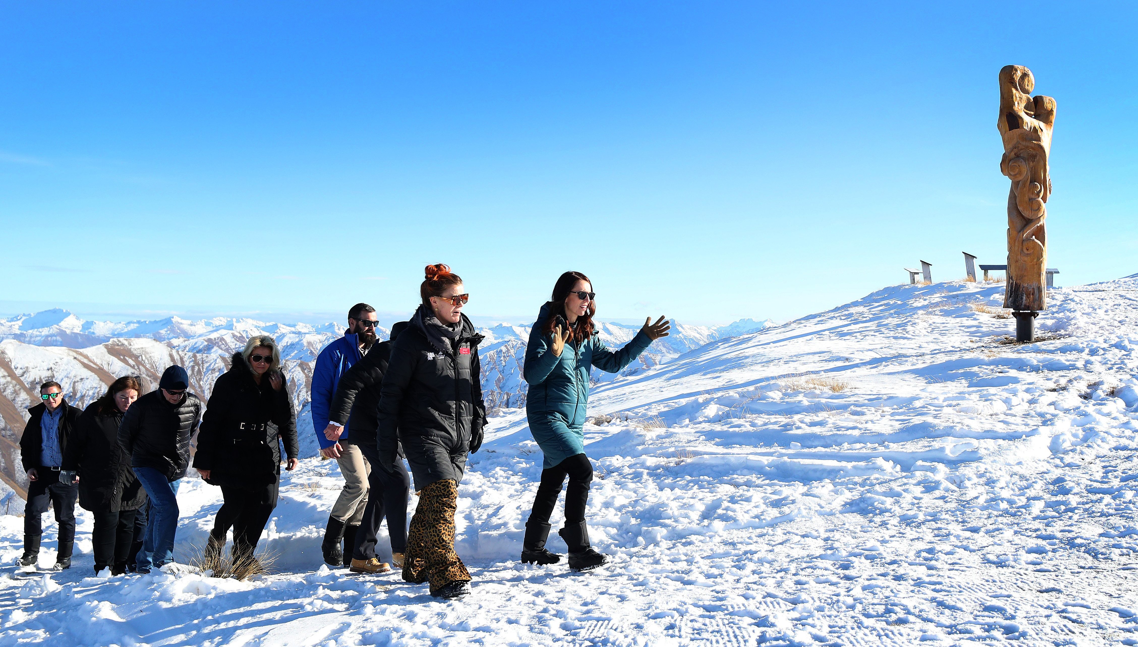 Prime Minister Jacinda Ardern leads a group, including Cardrona Alpine Resort and Treble Cone...