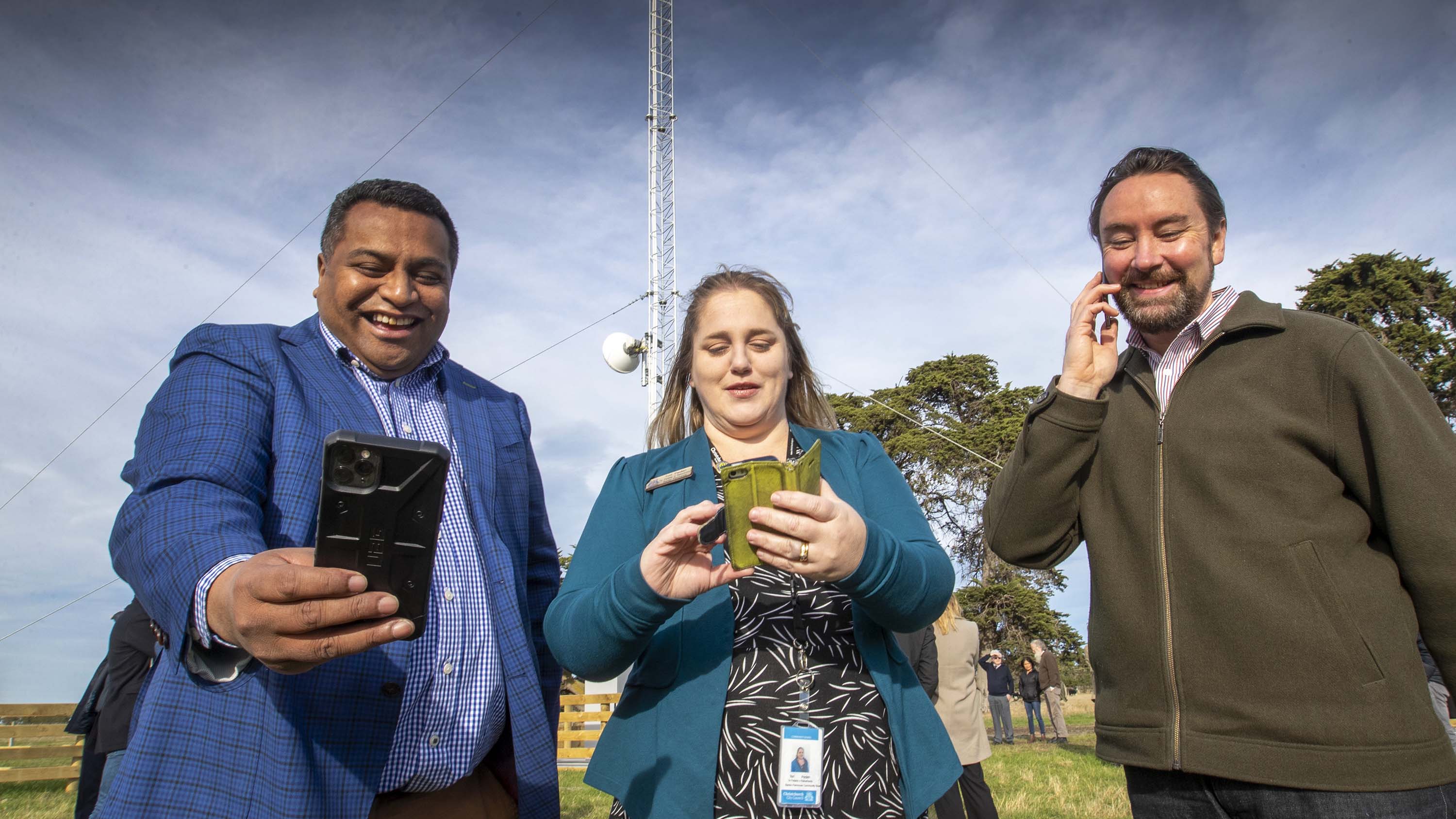 Kris Faafoi, Tori Peden, and Banks Peninsula Community Board member Reuben Davidson test out the...