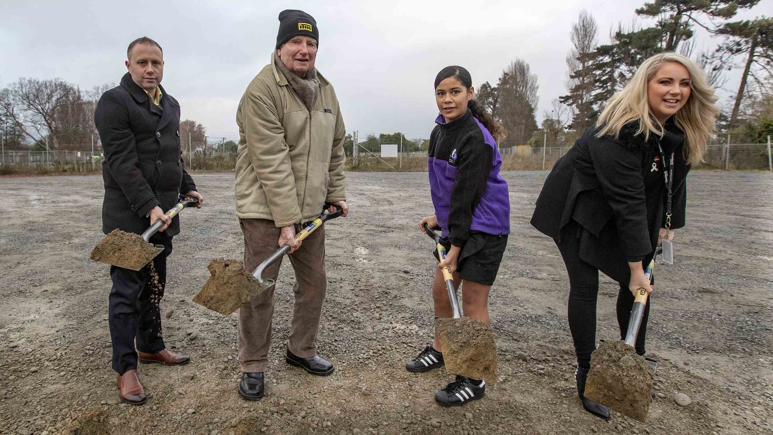 Yani Johanson, Bob Todd, Eve Nuu, 12, and Alexandra Davids break ground at the new Linwood pool...