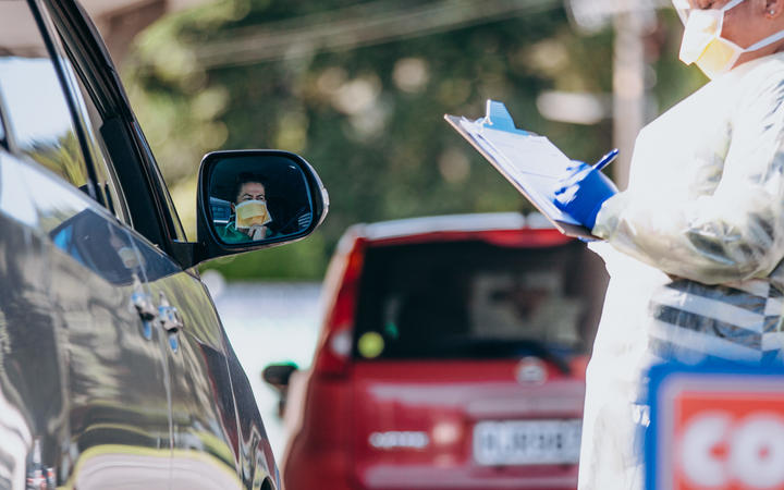 People drive through to get tested at a Covid-19 clinic in April this year. Photo: RNZ / Dom Thomas