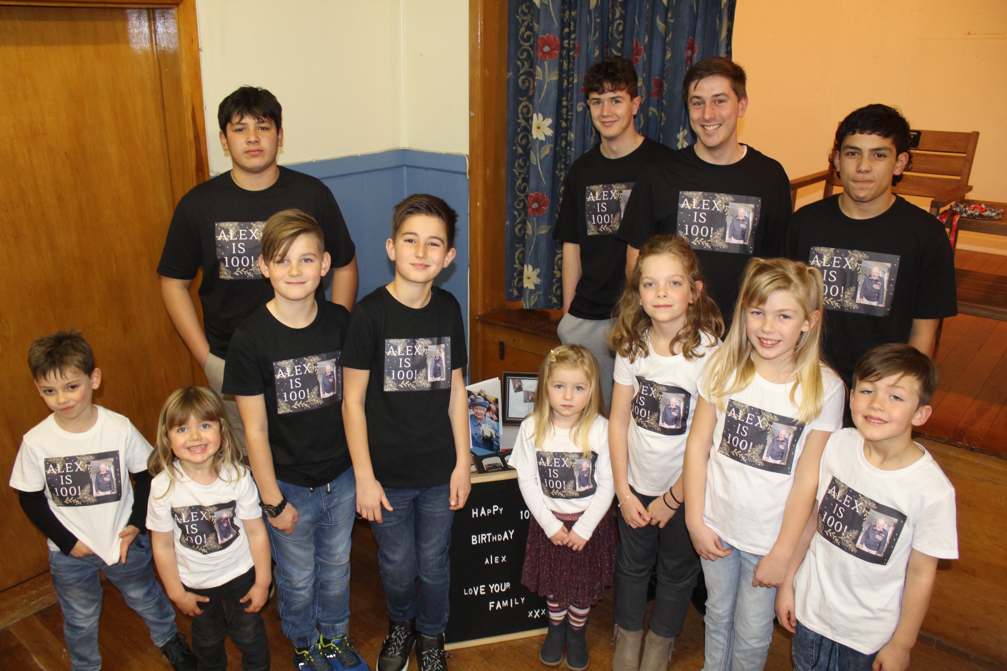 Mr McBurney’s 13 great-grandchildren sported custom-made T-shirts for his party.