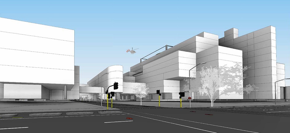 Latest design proposal of Dunedin's new hospital. Image: Warren and Mahoney Architects 