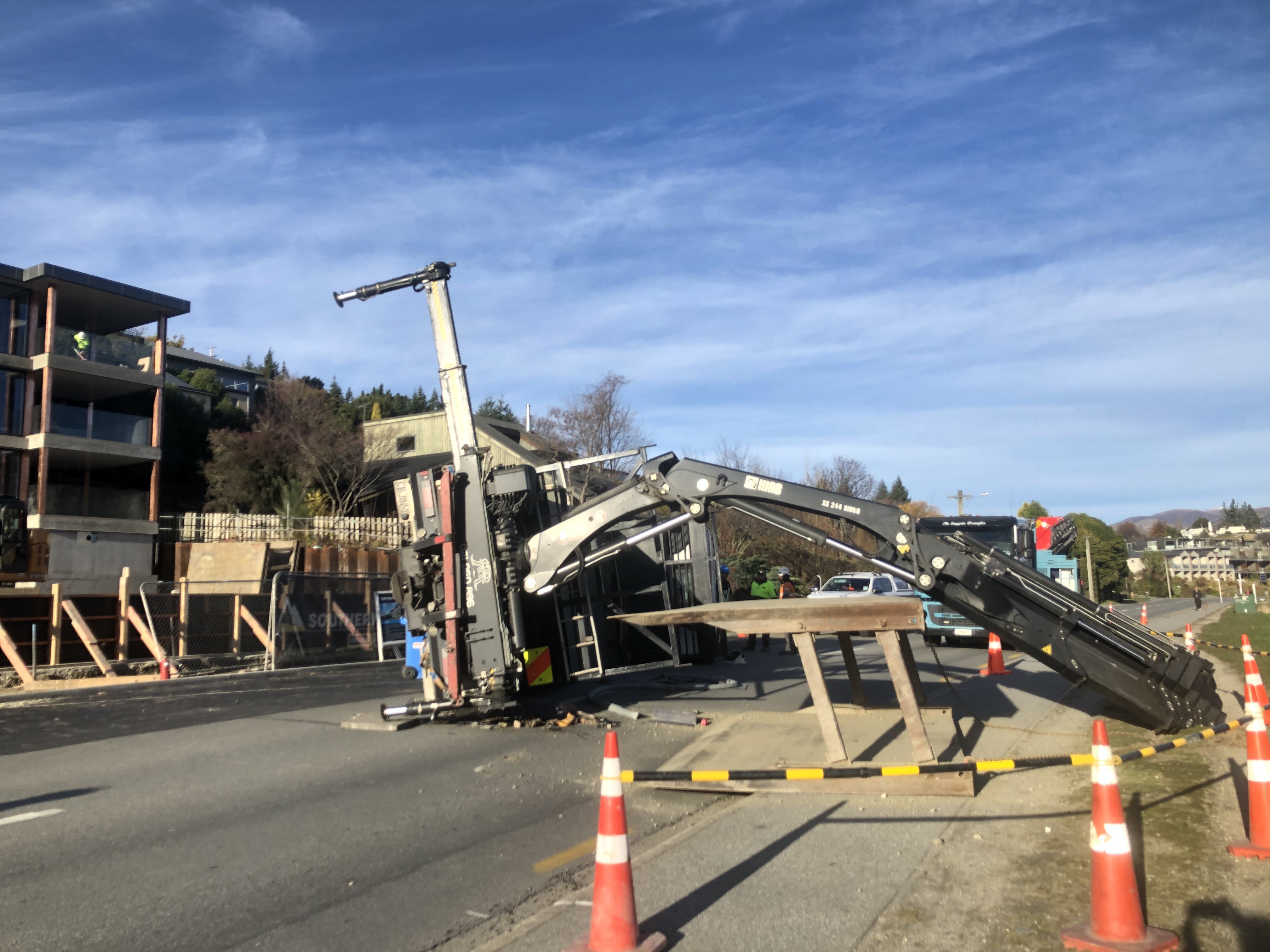 The truck crane tipped over on Lakeside Rd. Photo: Kerrie Waterworth