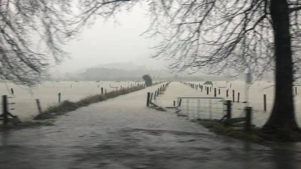 Hikuai is flooded as a result of the heavy downpour. Photo: Stacey Lee Clarke via NZ Herald 

