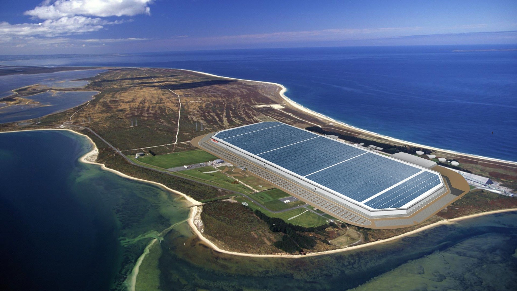 A supplied mock-up image showing what a Tesla Gigafactory could look like at  Tiwai Pt. Photo:...