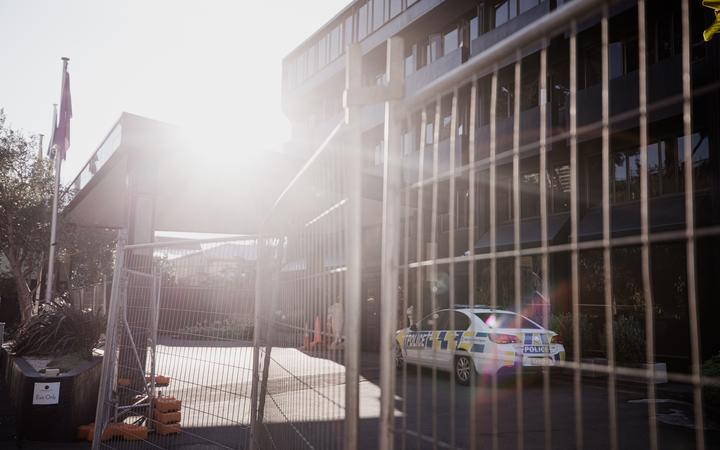 Police at the Grand Mercure Hotel in Wellington, which is being used as a managed isolation...