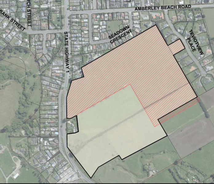 The site of the proposed lifestyle village on the outskirts of Amberley is marked in red. Image:...