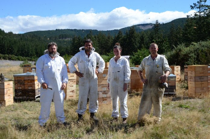 Foothills Honey owners, siblings Laura Malcolm and James Malcolm, centre, with a staff member,...