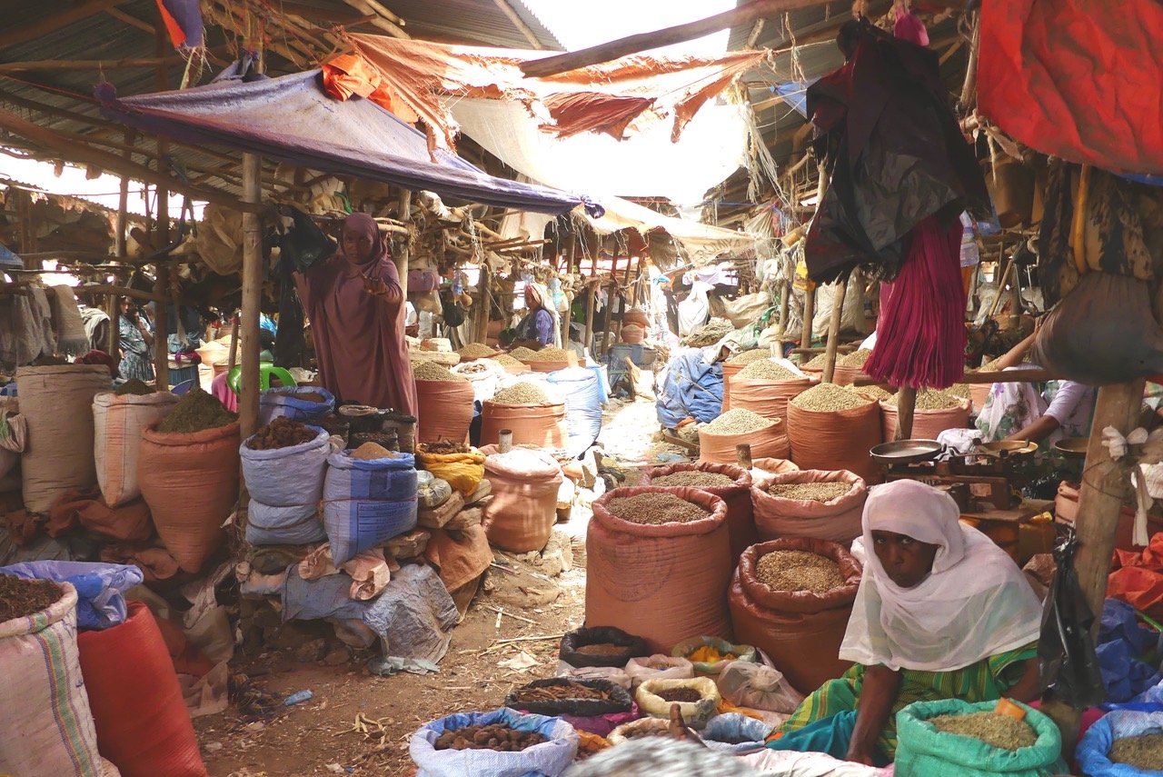 Grains, lentils, chickpeas, beans and whole spices for sale in an Ethiopian market.