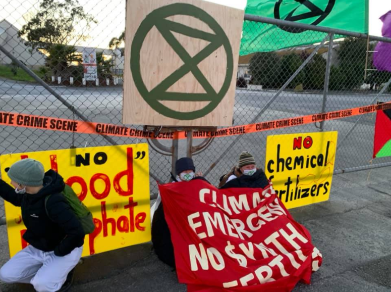 Protesters outside the Ravensdown plant in Richmond. Photo: Extinction Rebellion Whakatū / Facebook