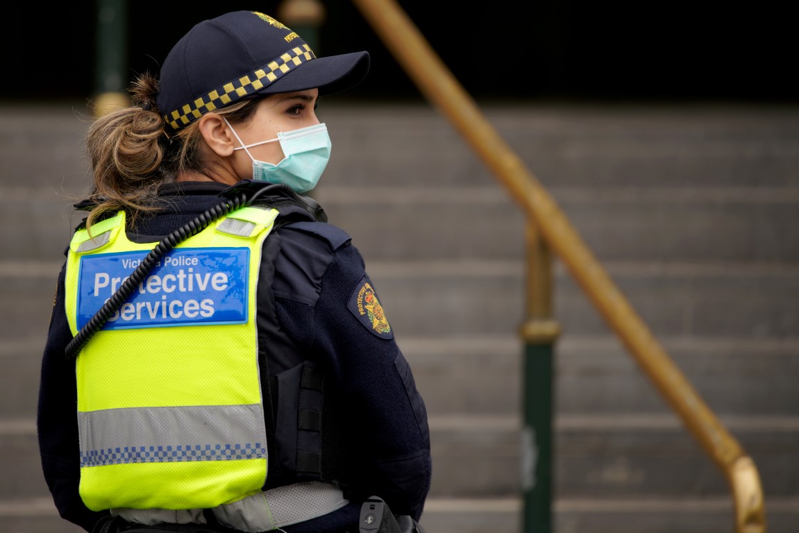 A Protective Services Officer patrols Flinders Street Station in Melbourne after it became the...