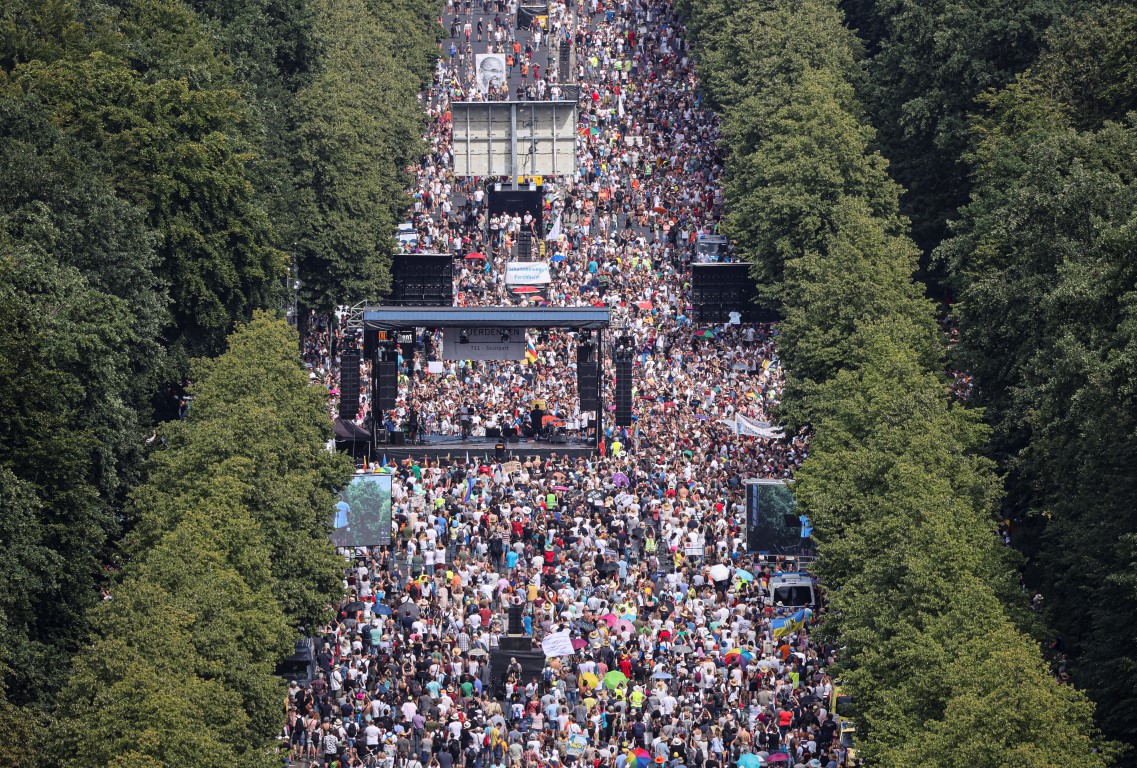 Protesters gathered near the Brandenburg Gate in Berlin. Photo: Reuters