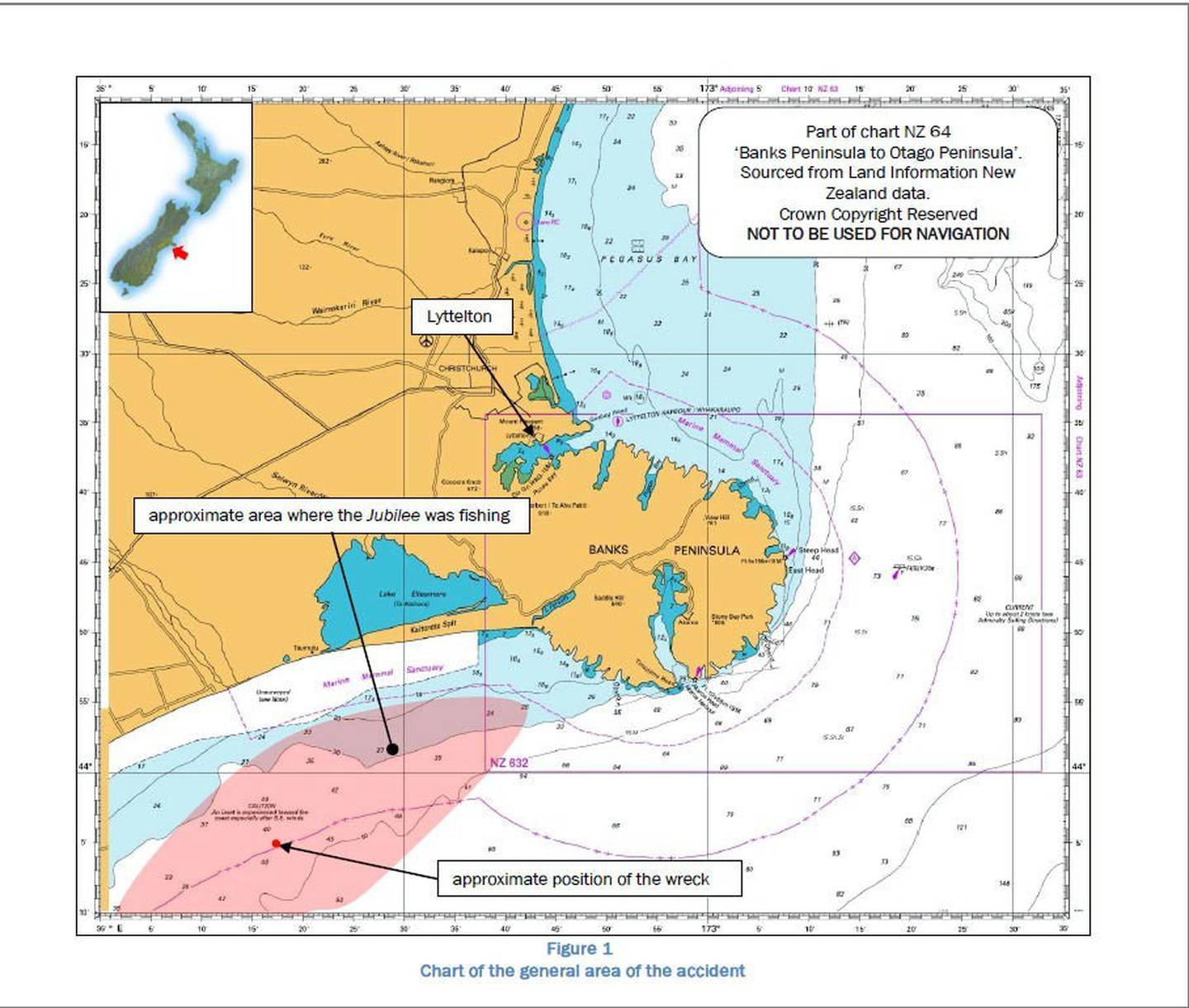 A map included in the TAIC report which shows the approximate location of the ship's sinking....