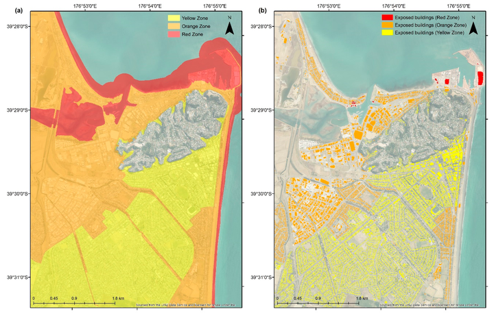 Tsunami evacuation zones and building exposure for Napier City (Hawke's Bay, North Island, NZ),...